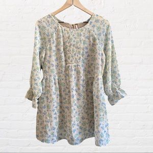 Free People ‘Doll Pants’ Chiffon Almond w Blue Floral Print Smocked Mini Dress
